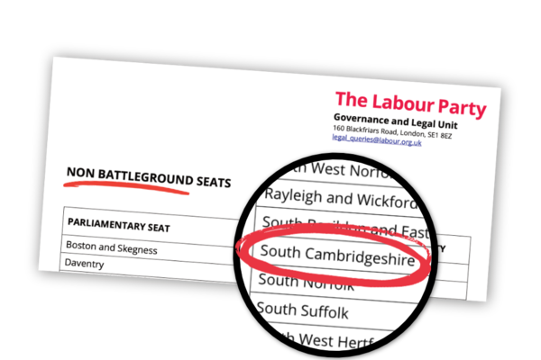 A document from Labour Party HQ showing 'non battleground seats'. South Cambridgeshire is on the list.