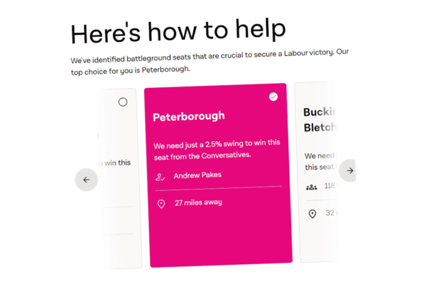 Screenshot of the Labour Party website instructing people to campaign in Peterborough.