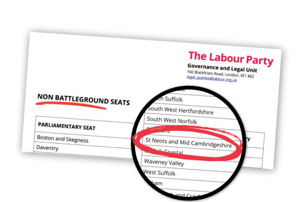 A document from Labour Party HQ showing 'non battleground seats'. St Neots & Mid Cambridgeshire is on the list.