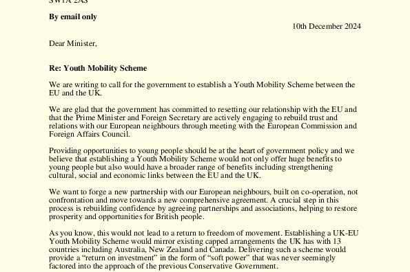 PDF of the letter to Nick Thomas-Symonds MP Minister for the Constitution and European Union Relations, calling for a Youth Mobility Scheme