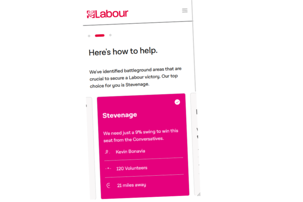 Screenshot of the Labour Party website instructing people to campaign in Stevenage.